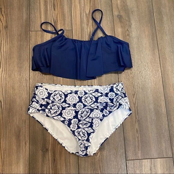 Shein Navy & White High Waist Bikini Large - Picture 1 of 6